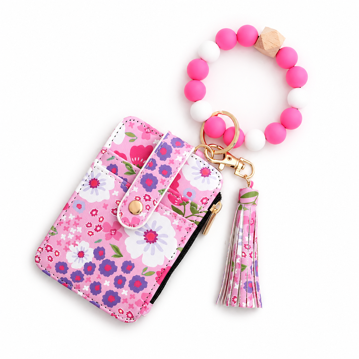 Women's Boho Style Beaded & Tassel Decorated Keychain with Flower Pattern Wallet