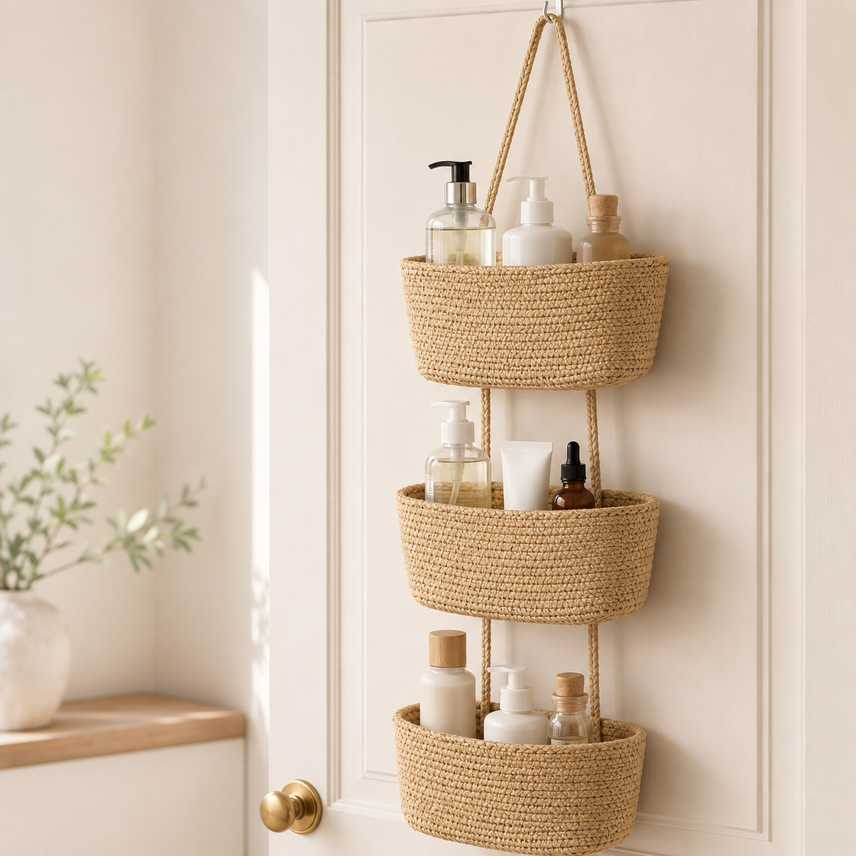 Woven cotton 3-Tier Over the Door Basket
