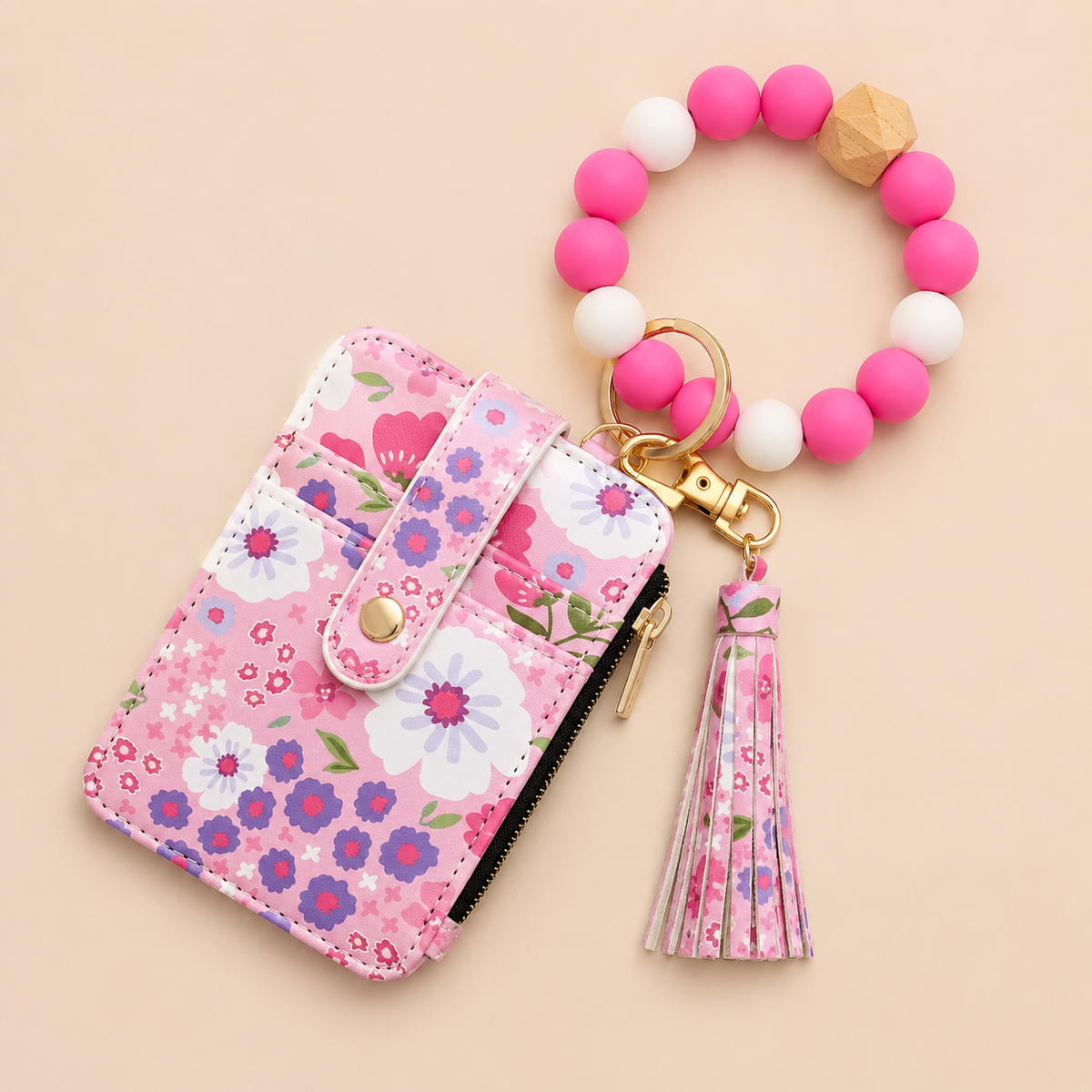 Women's Boho Style Beaded & Tassel Decorated Keychain with Flower Pattern Wallet